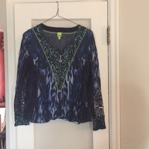 Dark and light blue zip up blouse. Size Large